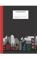 Composition Book Wide-Ruled Primary Color Superhero Graphic Comic Buildings