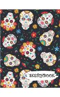 Sketchbook: Colorful Flowers Sugar Skull Day of Dead Fun Framed Drawing Paper Notebook