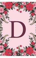 D: Name Monogram Initial D Pink Floral 6x9" Dot Bullet Notebook/Journal Gift Idea For Girls, Women, School, College and Work