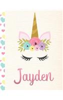 Jayden: Personalized Unicorn Primary Handwriting Notebook For Girls With Pink Name - Dotted Midline Handwriting Practice Paper - Kindergarten to Early Child