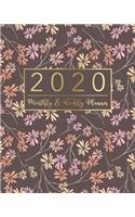 2020 Monthly & Weekly Planner: Floral Brown Gold Design - 12 Months Calendar with US Holidays - Weekly and Monthly View Planner from January 2020 to December 2020 - Schedule and O