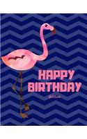 Happy Birthday Notebook: Cute Personalized Pink Flamingo Blue Waves Happy Birthday Draw & Write Notebook/Journal