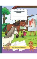 Primary Composition Notebook Story Paper Journal Grades K-2: Painting Horses Theme Dashed Mid Line and Picture Space School Exercise Book Plus Coloring Pages for Boys and Girls