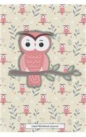 Lined Notebook Journal: Unique Beautifully Designed Owl Notepad For Inspired Creative Writing With Pink Gray Pastel Flowers & Owls Background, Shadow Effect Central Owl Det