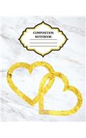 Composition Notebook: White Marble and Gold Hearts Blank Wide Lined Design Cover