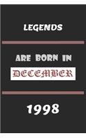 Legends Are Born in December 1998: Birthday Gift Notebook, Journal For Best Friends And Family, Lined (6×9) 100 Pages.