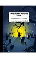 Handwriting Practice Paper Notebook Primary Composition Notebook: Spooky Halloween Gifts: Red Eyed Black Cat in Graveyard, Writing Sheets Journal Workbook with Dotted Lines for Kids: Preschool, Kindergarten, Pre K,