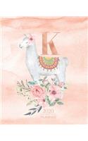 2020 Planner K: Llama Rose Gold Monogram Letter K with Pink Flowers (7.5 x 9.25 in) Horizontal at a glance Personalized Planner for Women Moms Girls and School