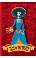 Day of the Dead Skeleton in Dress, Holding Flowers