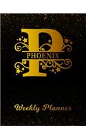 Phoenix Weekly Planner: 2 Year Personalized Letter P Appointment Book January 2019 - December 2020 Black Gold Cover Writing Notebook & Diary Datebook Calendar Schedule Plan