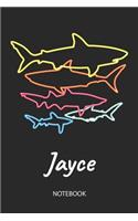 Jayce - Notebook: Blank Lined Personalized & Customized Name 80s Neon Retro Shark Notebook Journal for Men & Boys. Funny Sharks Desk Accessories Item for 1st Grade / 