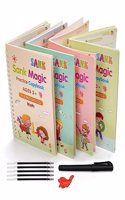 Pramesh Sank Magic Practice Copybook, (4 Book + 1 Pen + 5 Refill) Number Tracing Book for Preschoolers with Pen, Magic Calligraphy Copybook Set Practical Reusable Writing Tool Simple Hand Lettering