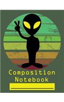 Composition Notebook: Space Alien Peace Sign Retro Sunset College Ruled Blank Lined Paper Notebook green