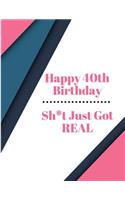Happy 40th Birthday Sh*t Just Got Real: Pink Gray Black Pattern Bday Celebration Notebook