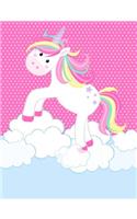 Prancing Unicorn Composition Notebook: Wide Ruled (7.44 X 9.69) Kawaii Unicorn Clouds Pink Polka Dot Blue for Girls