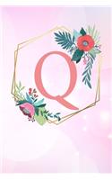Q: Monogram Letter Q 120 Pages 6x9 Inches Notebook Marble Gold Rose personalized Name colored Flowers Initial Diary for Women and Girls