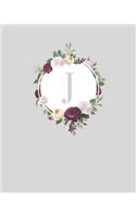 J: 110 Dot-Grid Pages Monogram Journal and Notebook with a Classic Grey Background and Vintage Floral Roses and Peonies Design Personalized Initial Let