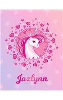 Jazlynn: Unicorn Large Blank Primary Sketchbook Paper - Pink Purple Magical Horse Personalized Letter J Initial Custom First Name Cover - Drawing Sketch Book