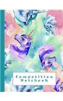 Composition Notebook: Composition Notebook for Animal Lovers - Wide Ruled 7.44 X 9.69 - Lilac and Blue with Watercolored Unicorns