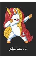 Marianna: Cuaderno de notas blanko para niña y mujer con nombre personalizado y diseño de kawaii cuaderno unicornio bailarin con pelo en los colores de la ban