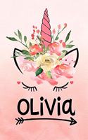 Olivia: Unicorn Notebook For Girls Named Olivia Personalized Notebooks Softcover 8.5x11 Wide Rule Blank Lined 100 Pages