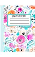 Composition Notebook: Wide Ruled: 100+ Lined Pages Writing Journal: Modern Flowers in Pink & Blue 0991