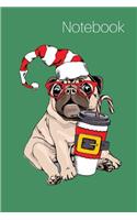 Notebook: Hipster Glasses Green Christmas Coffee Pug Illustration College Ruled Lined Journal