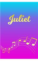 Juliet: Sheet Music Note Manuscript Notebook Paper - Pink Blue Gold Personalized Letter J Initial Custom First Name Cover - Musician Composer Instrument Com
