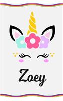 Zoey: Personal Notebook Personal Diary Unicorn Notebook Personalized Journal Customized Journal Unicorn Lover Gift Personal Name Notebook