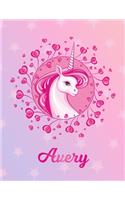 Avery: Unicorn Large Blank Primary Sketchbook Paper - Pink Purple Magical Horse Personalized Letter A Initial Custom First Name Cover - Drawing Sketch Book