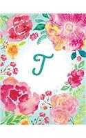 T - Pink Teal Watercolor Floral Initial Journal (Personal Journal)