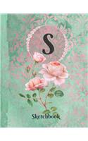 Basics Sketchbook for Drawing - Personalized Monogrammed Letter S: Framed White Pages Drawing Notebook of Green and Pink Damask Lace with Roses on Glossy Cover