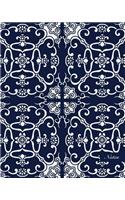 Notes: 8"x10" Blank Lined Page Notebook Seamless Oriental China Porcelain Pattern Spiral Curve Cross Frame Chain Flower Kaleidoscope Cover. Matte Softcover