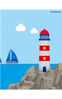 Notebook: Lighthouse and Sailboats - Large wide ruled blank book - great for school work