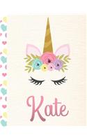 Kate: Personalized Unicorn Sketchbook For Girls With Pink Name - 8.5x11 110 Pages. Doodle, Sketch, Create!
