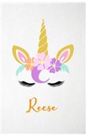 Reese A5 Lined Notebook 110 Pages: Funny Blank Journal For Lovely Magical Unicorn Face Dream Family First Name Middle Last Surname. Unique Student Teacher Scrapbook/ Composition Great