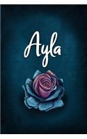 Ayla: Personalized Name Journal, Lined Notebook with Beautiful Rose Illustration on Blue Cover