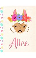 Alice: Personalized Llama Journal For Girls - 8.5x11 110 Pages Notebook/Diary With Pink Name