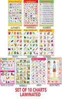 Early Learning Educational Charts Set For Kids | 45X60 Cm | Set Of 10 | Non-Tearable And Waterproof | Double Sided Lamination | Perfect For Homeschooling, Kindergarten And Nursery Students | Alphabet, Numbers, Birds, Animals