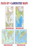 World Map & India Map ( Both Political & Physical ) | LAMINATED Combo of 4 Maps | Printed on Both Sides | Size : 45 x 30 cm |